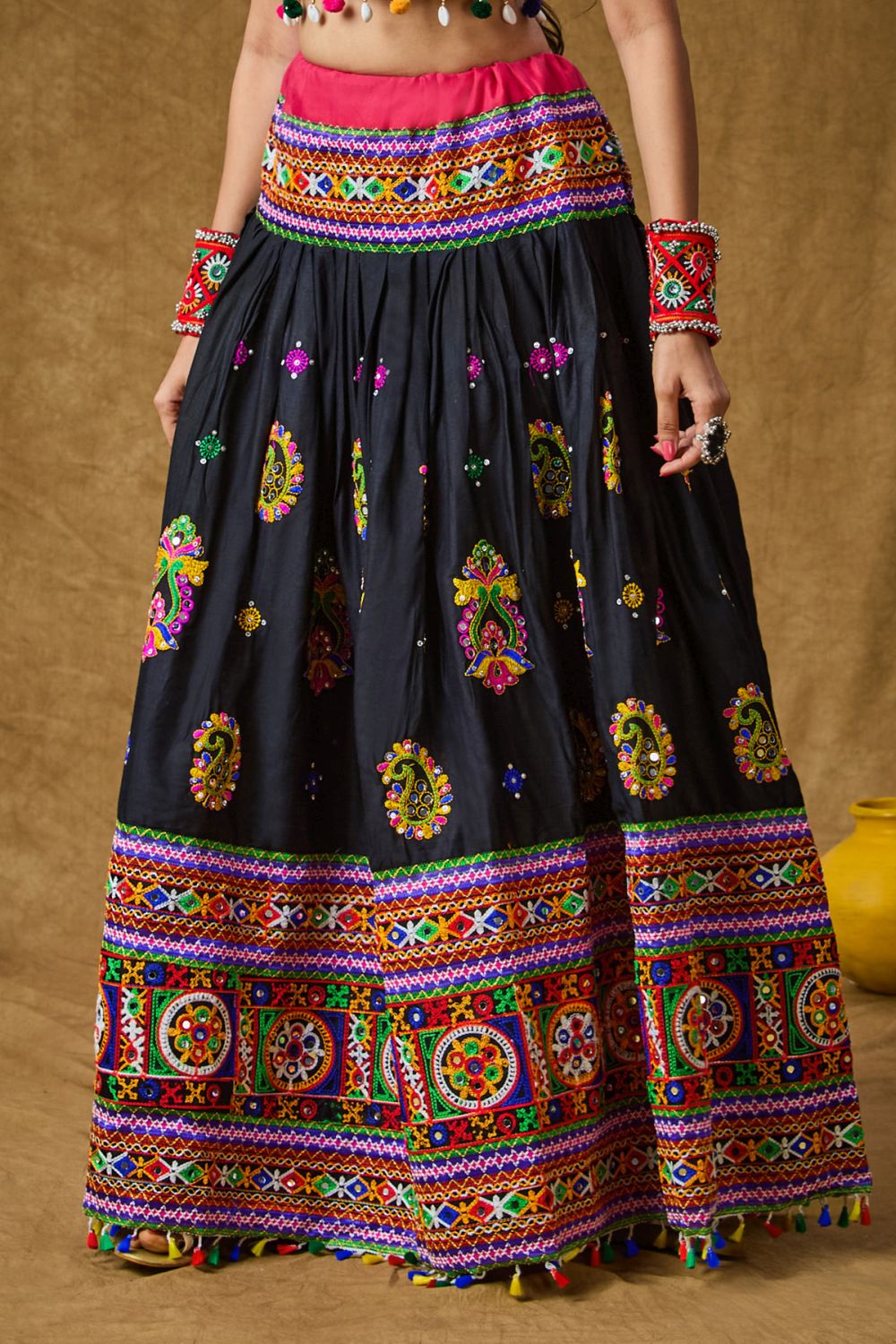 Navy Blue Cotton Embroidered Skirt