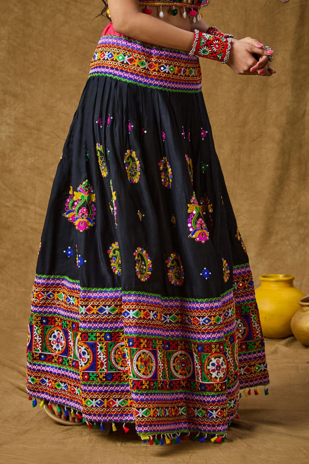 Navy Blue Cotton Embroidered Skirt