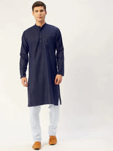 Men's Navy Blue Cotton Solid Kurta Set