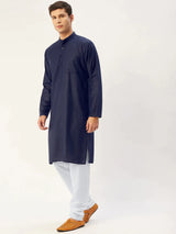 Men's Navy Blue Cotton Solid Kurta Set