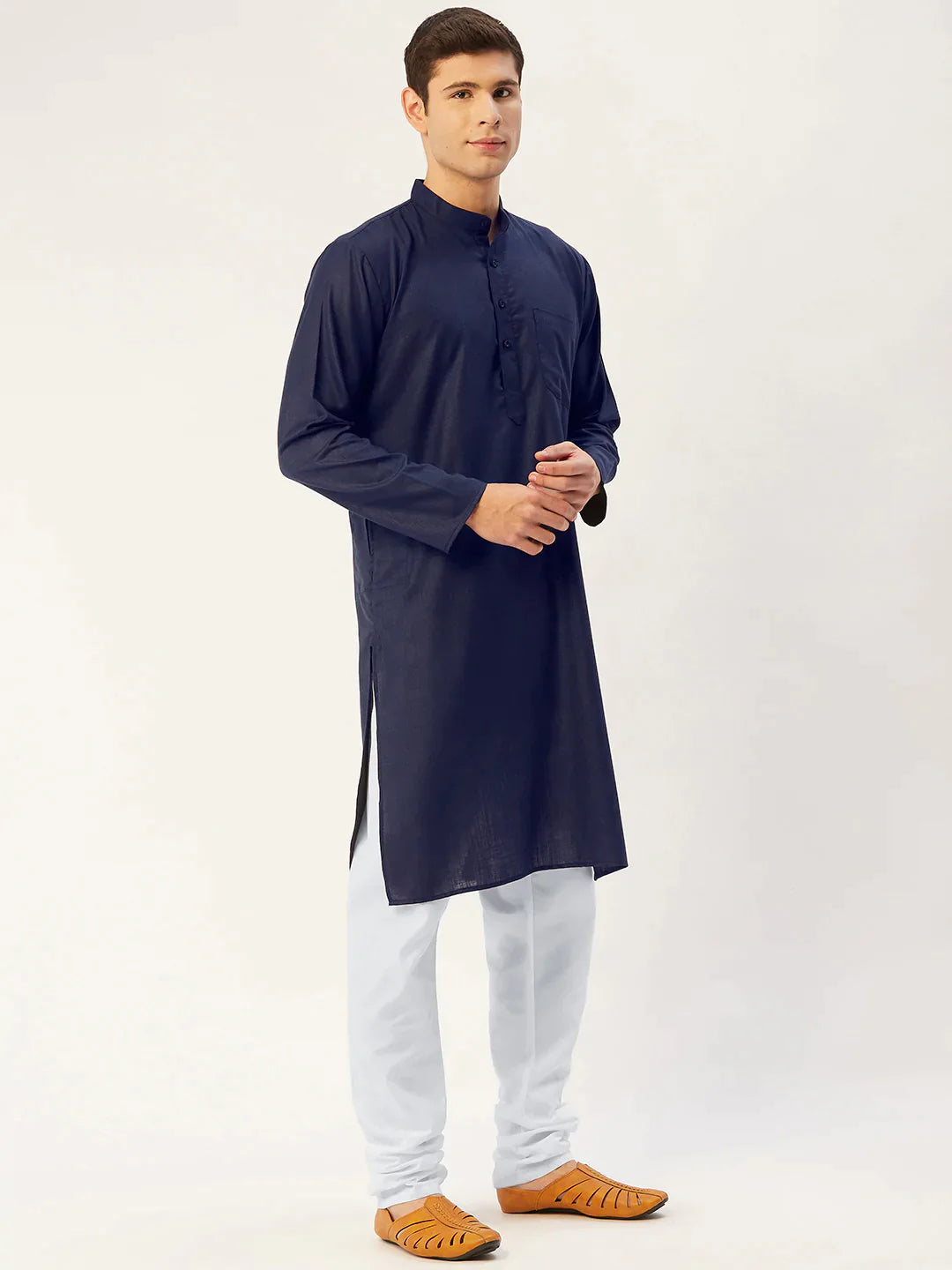 Men's Navy Blue Cotton Solid Kurta Set