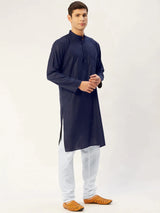 Men's Navy Blue Cotton Solid Kurta Set