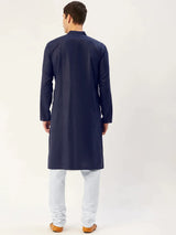 Men's Navy Blue Cotton Solid Kurta Set