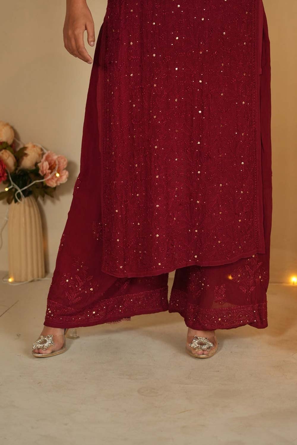 Noor chikankari and mukaish work kurti in Maroon