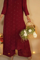 Noor chikankari and mukaish work kurti in Maroon