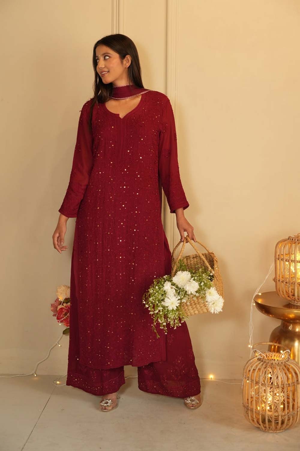 Noor chikankari and mukaish work kurti in Maroon