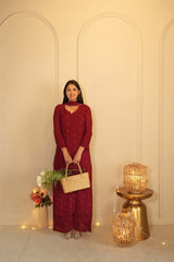 Noor chikankari and mukaish work kurti in Maroon