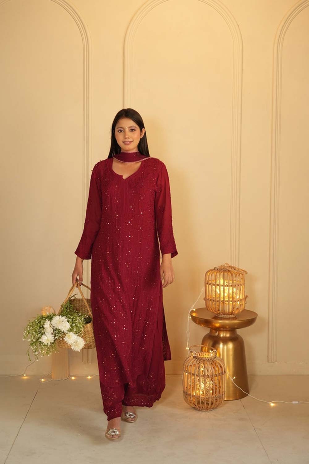 Noor chikankari and mukaish work kurti in Maroon