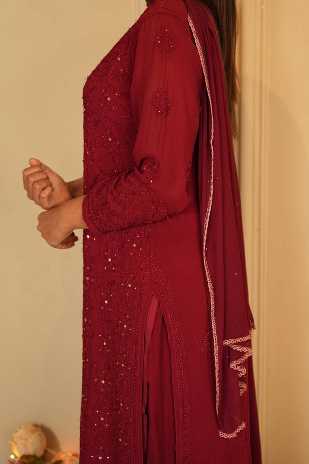 Noor Chikankari and mukaish work set in Maroon