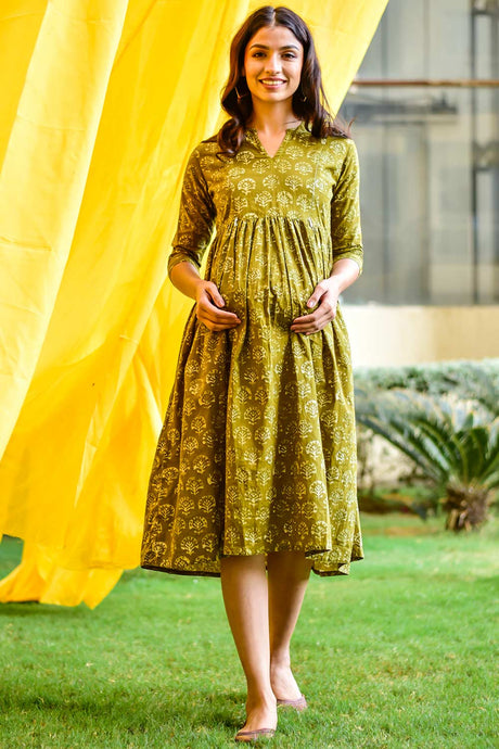 Buy Cotton Floral Print Maternity Dress in Mehendi Green