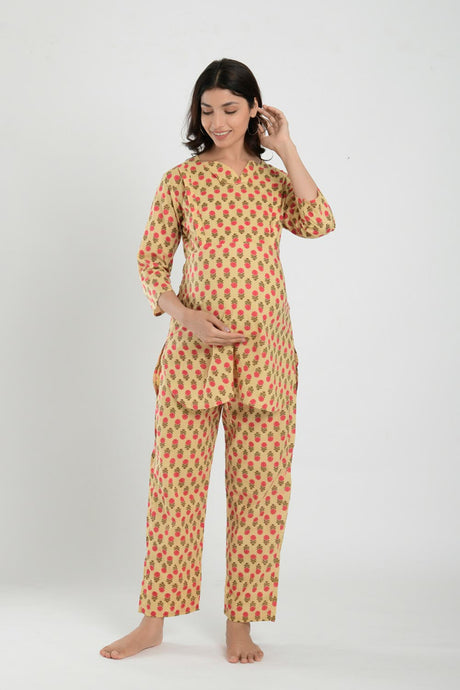 Yellow Cotton Floral V Neck Nursing Night Suit Set