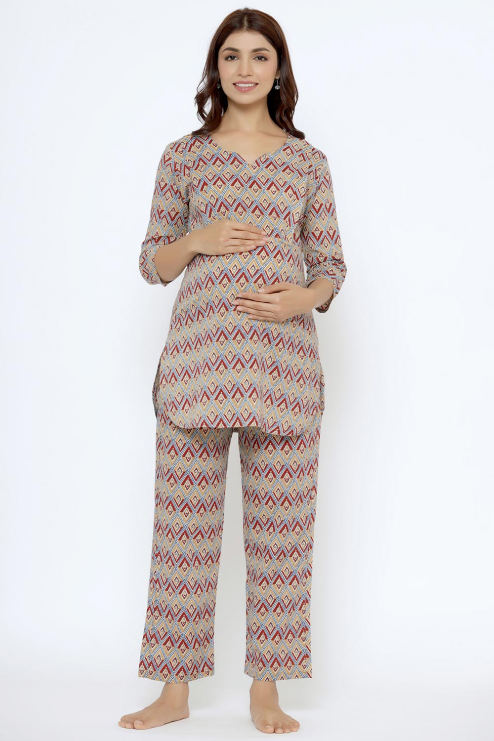 Grey Cotton Floral V Neck Nursing Night Suit Set