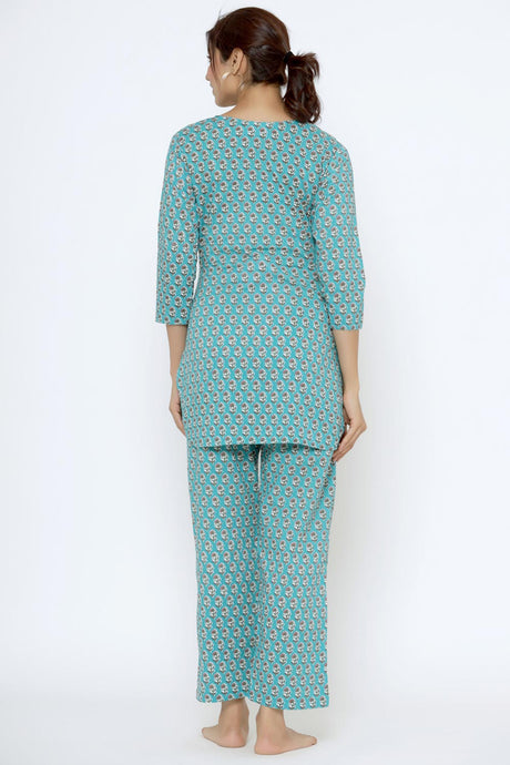 Teal Cotton Floral V Neck Nursing Night Suit Set