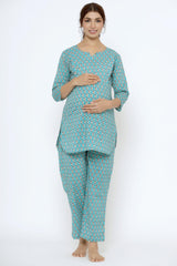 Teal Cotton Floral V Neck Nursing Night Suit Set