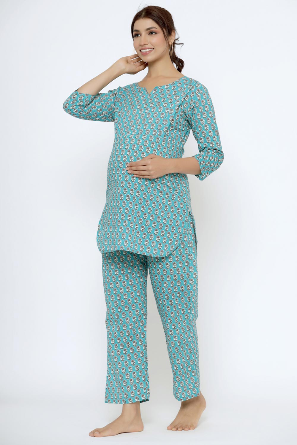 Teal Cotton Floral V Neck Nursing Night Suit Set