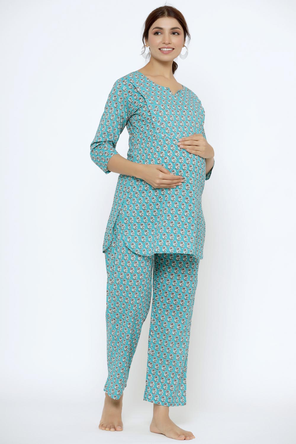 Teal Cotton Floral V Neck Nursing Night Suit Set