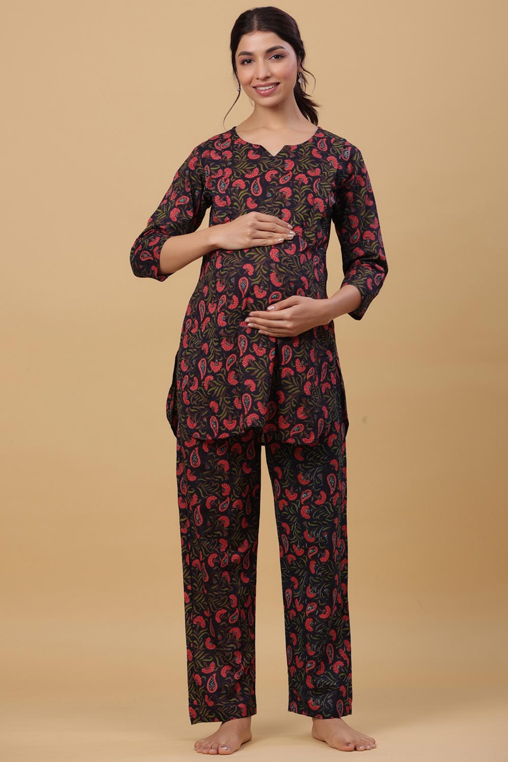 Black & Red Cotton Floral V Neck Nursing Night Suit Set