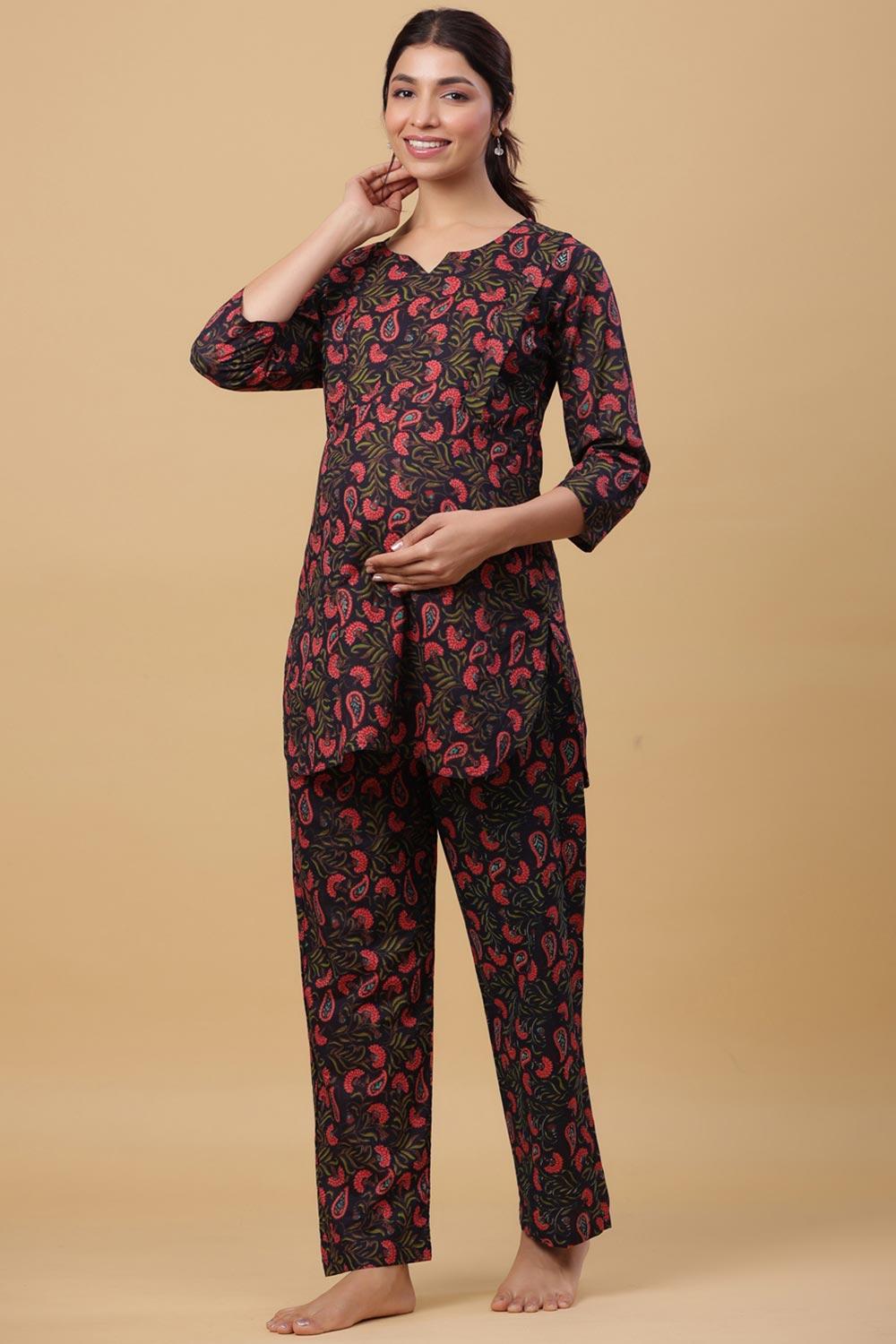 Black & Red Cotton Floral V Neck Nursing Night Suit Set