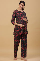 Black & Red Cotton Floral V Neck Nursing Night Suit Set