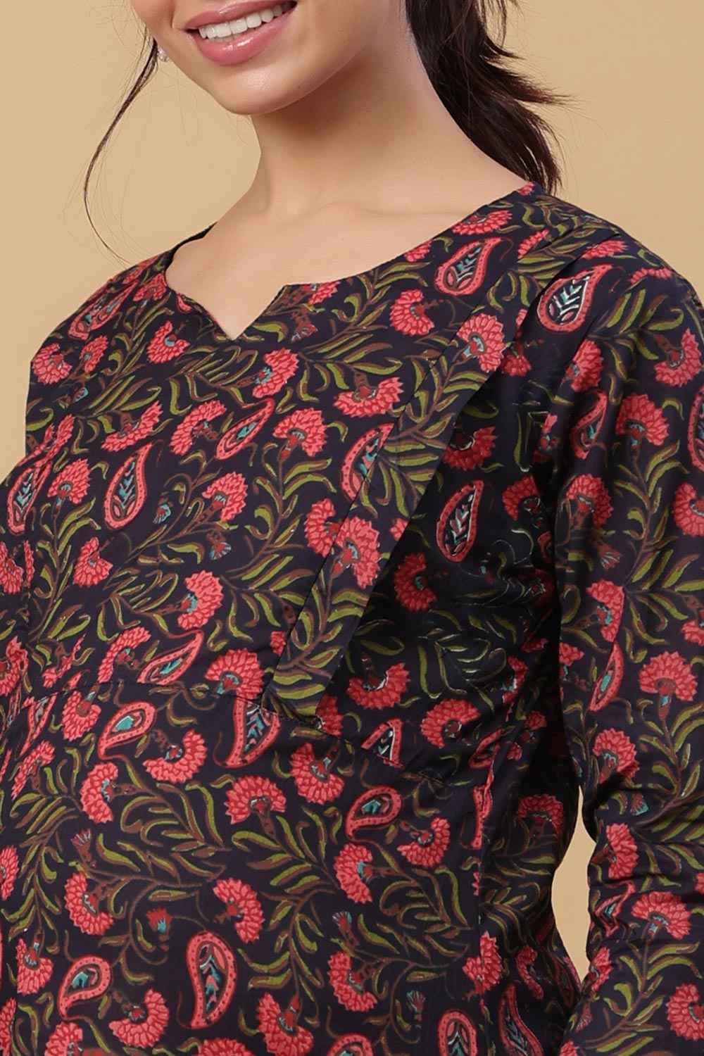 Black & Red Cotton Floral V Neck Nursing Night Suit Set