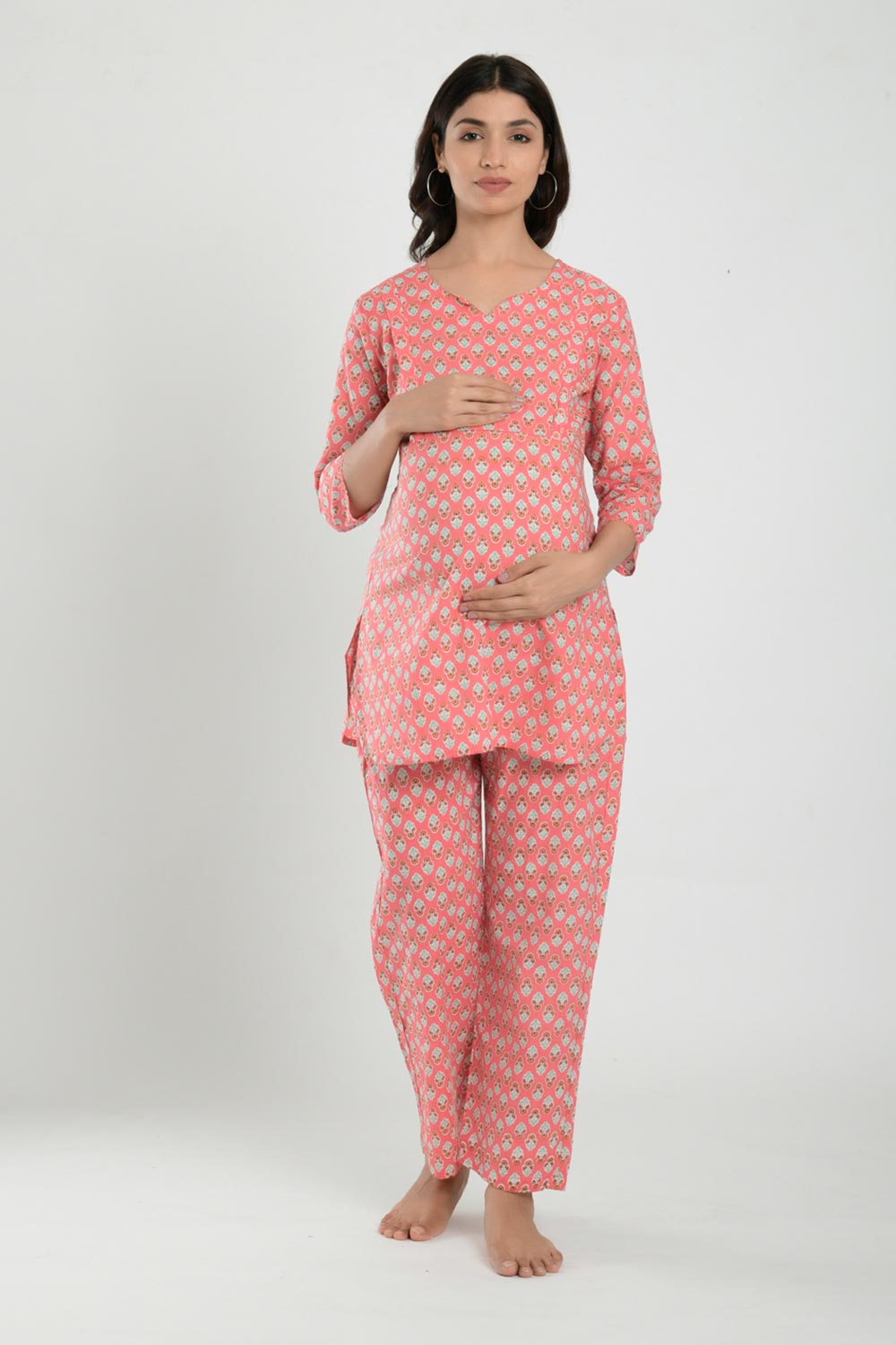 Pink Cotton Floral V Neck Nursing Night Suit Set