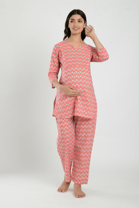 Pink Cotton Floral V Neck Nursing Night Suit Set