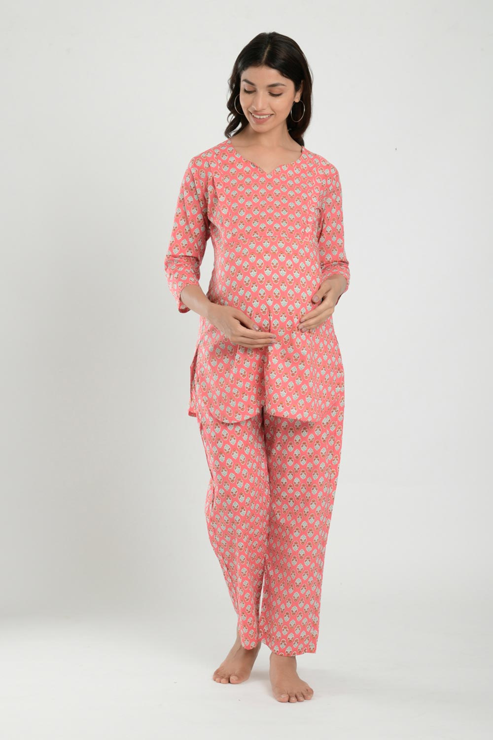 Pink Cotton Floral V Neck Nursing Night Suit Set