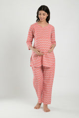 Pink Cotton Floral V Neck Nursing Night Suit Set