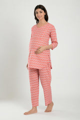 Pink Cotton Floral V Neck Nursing Night Suit Set