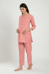 Pink Cotton Floral V Neck Nursing Night Suit Set