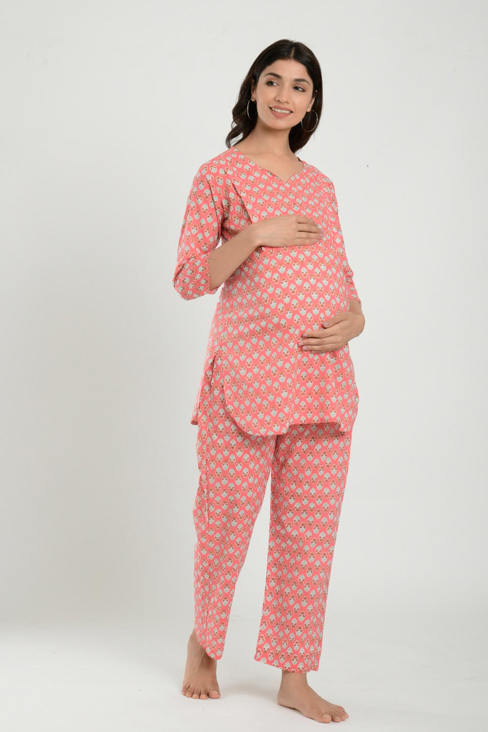 Pink Cotton Floral V Neck Nursing Night Suit Set