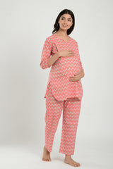 Pink Cotton Floral V Neck Nursing Night Suit Set