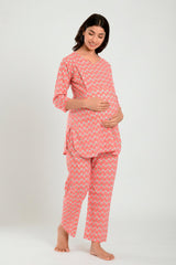 Pink Cotton Floral V Neck Nursing Night Suit Set