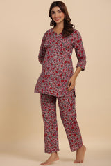 Mutli-color Cotton Floral V Neck Nursing Night Suit Set