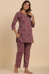 Mutli-color Cotton Floral V Neck Nursing Night Suit Set