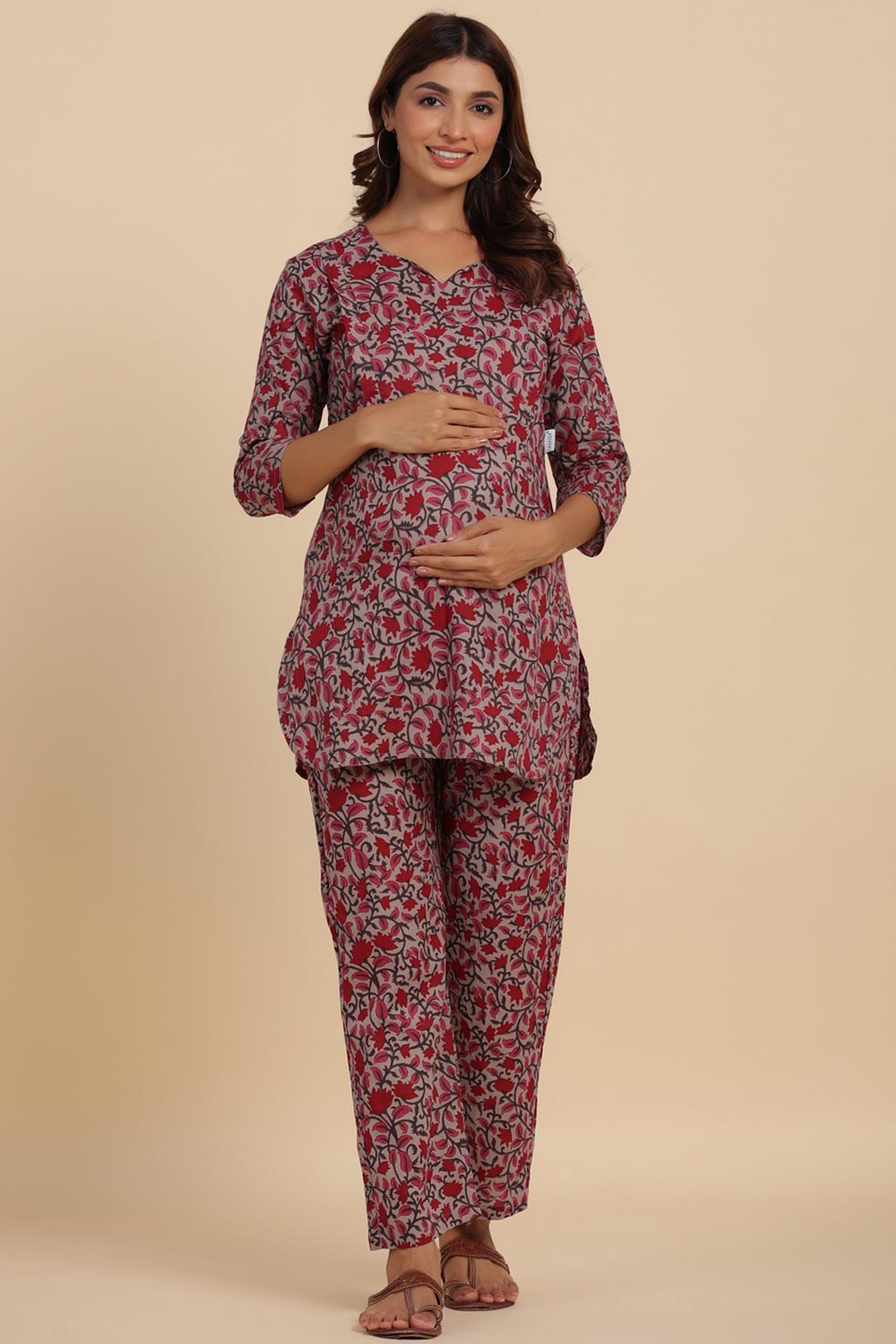 Mutli-color Cotton Floral V Neck Nursing Night Suit Set