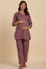 Mutli-color Cotton Floral V Neck Nursing Night Suit Set