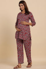 Mutli-color Cotton Floral V Neck Nursing Night Suit Set