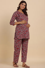 Mutli-color Cotton Floral V Neck Nursing Night Suit Set