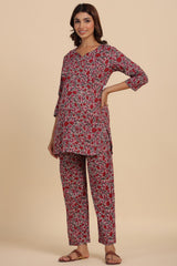 Mutli-color Cotton Floral V Neck Nursing Night Suit Set