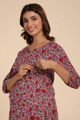 Mutli-color Cotton Floral V Neck Nursing Night Suit Set