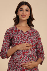 Mutli-color Cotton Floral V Neck Nursing Night Suit Set