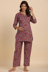 Mutli-color Cotton Floral V Neck Nursing Night Suit Set