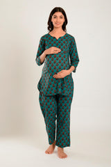 Green Cotton Floral V Neck Nursing Night Suit Set