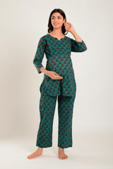 Green Cotton Floral V Neck Nursing Night Suit Set