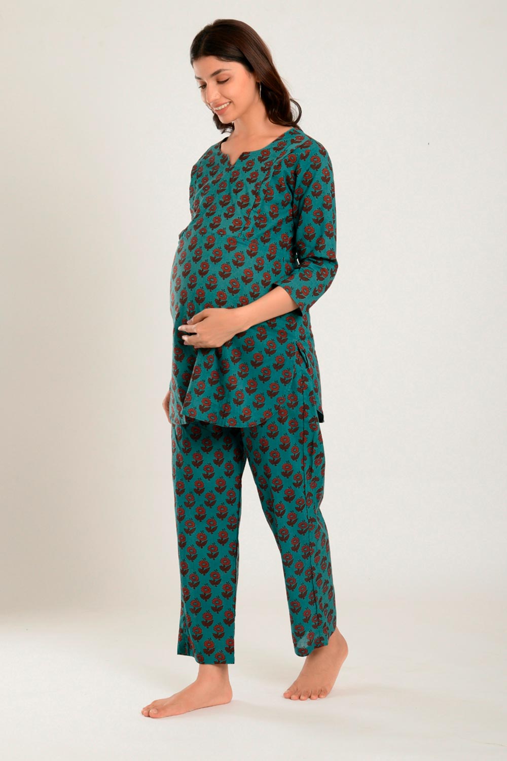 Green Cotton Floral V Neck Nursing Night Suit Set