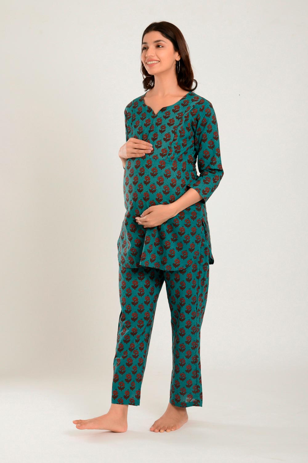 Green Cotton Floral V Neck Nursing Night Suit Set