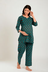 Green Cotton Floral V Neck Nursing Night Suit Set