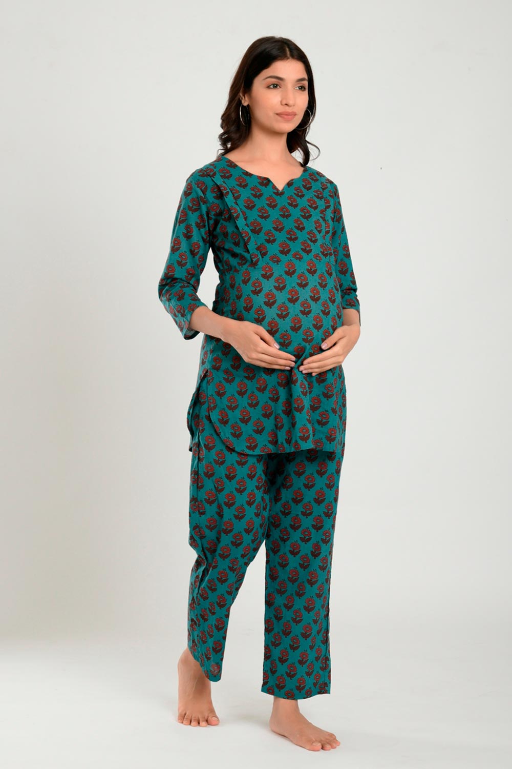 Green Cotton Floral V Neck Nursing Night Suit Set