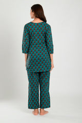 Green Cotton Floral V Neck Nursing Night Suit Set